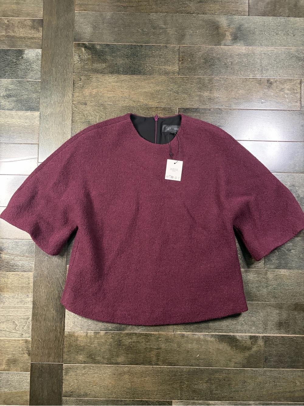 Zara Burgundy 100% Wool Bouclé Oversized Short Sleeve Top NWT
